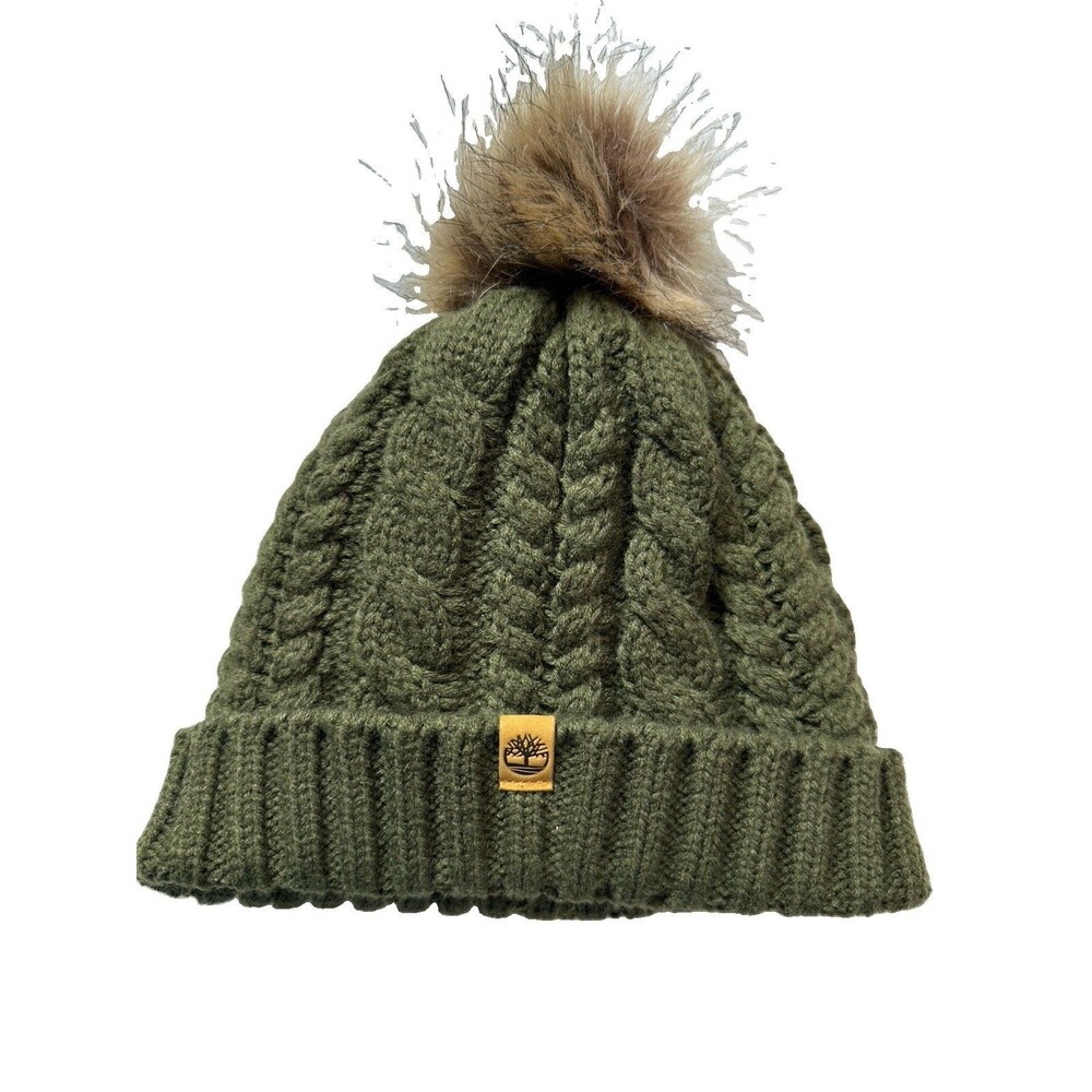Timberland Hat Beanie Women One Size Cable Knit Faux Fur Pom Pom Fleece Lined